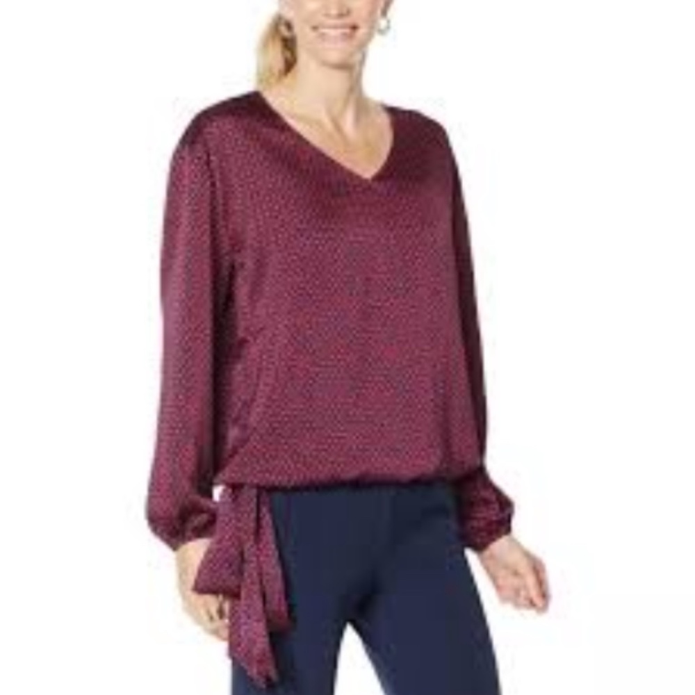 NWOT G by Giuliana V-Neck Tie Hem Patterned Top/Blouse Red/Navy Blue Size XXS